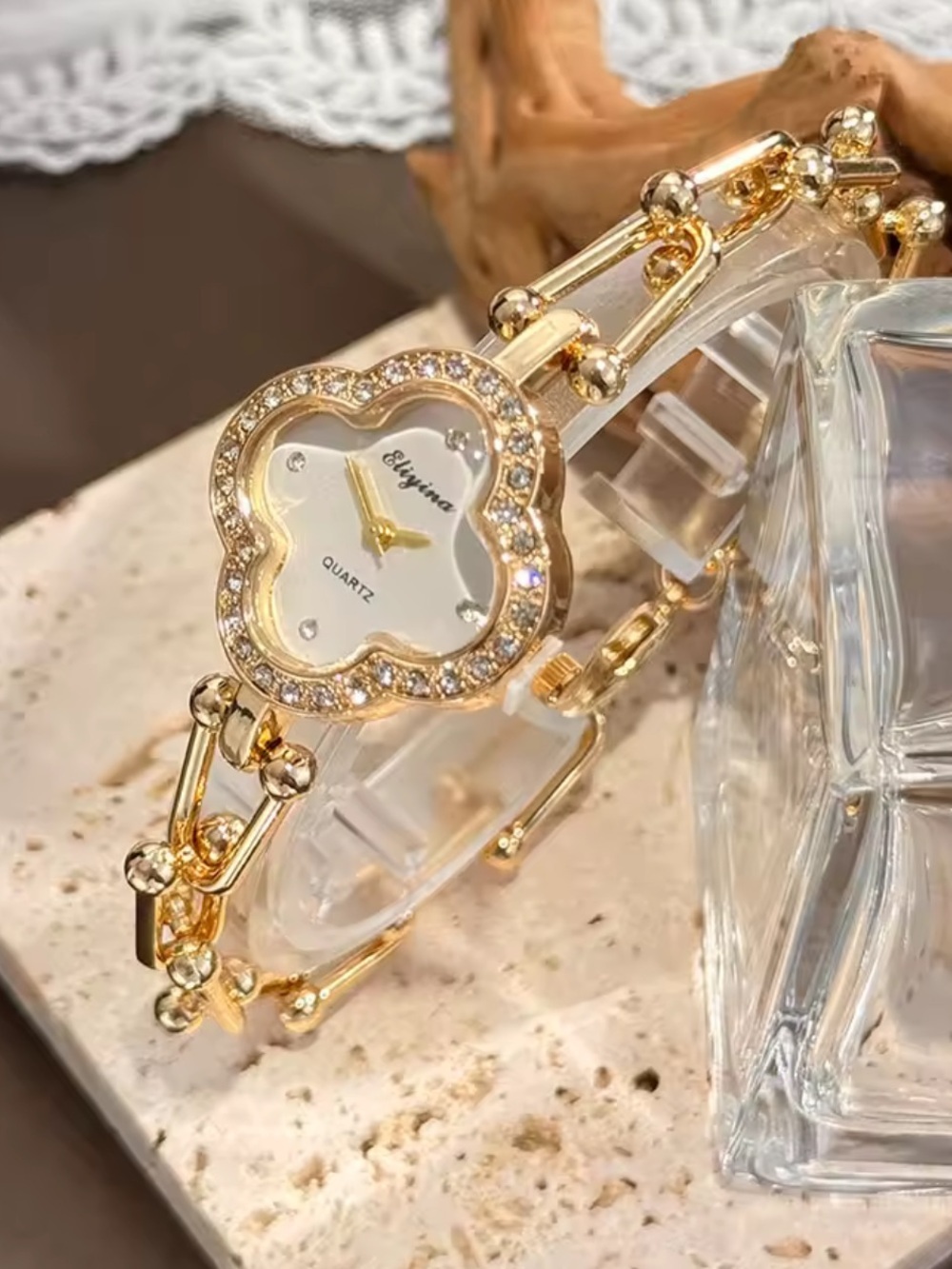 Anthropologie Gold Crystal-Trim Clover Bracelet Watch - Picture 2 of 4